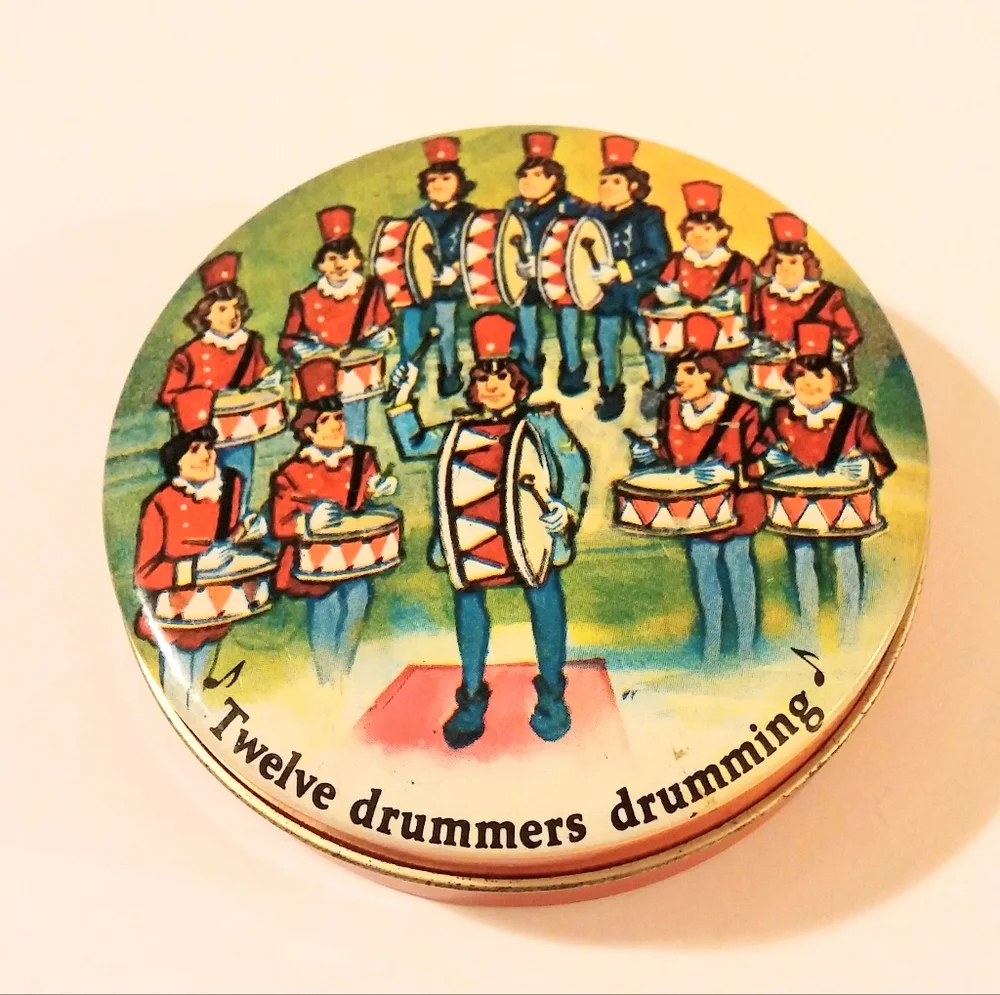 Vintage Holiday Tin Christmas Container Twelve Drummers Drumming
